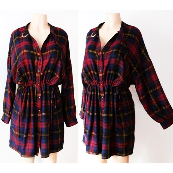 Plaid Checker Drawstring Oversize Cute Shirt Dress - Picture 3 of 8